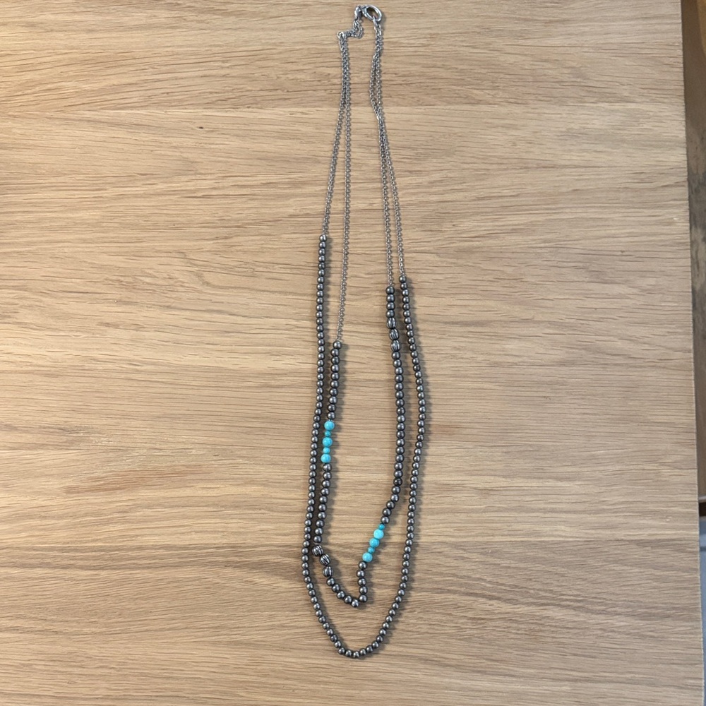 Fossil Silver Hematite Bead Layered Necklace with Turquoise Beads